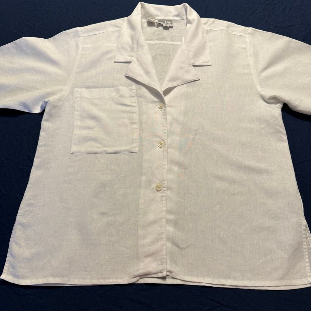 Anne Klein Linen Blend Short Sleeve Blouse | White Classic Shirt | Size 12